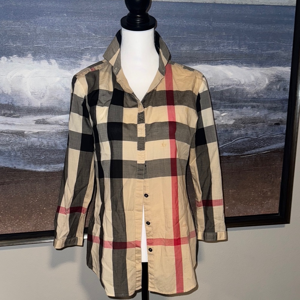 Burberry Beige and Black Plaid Blouse